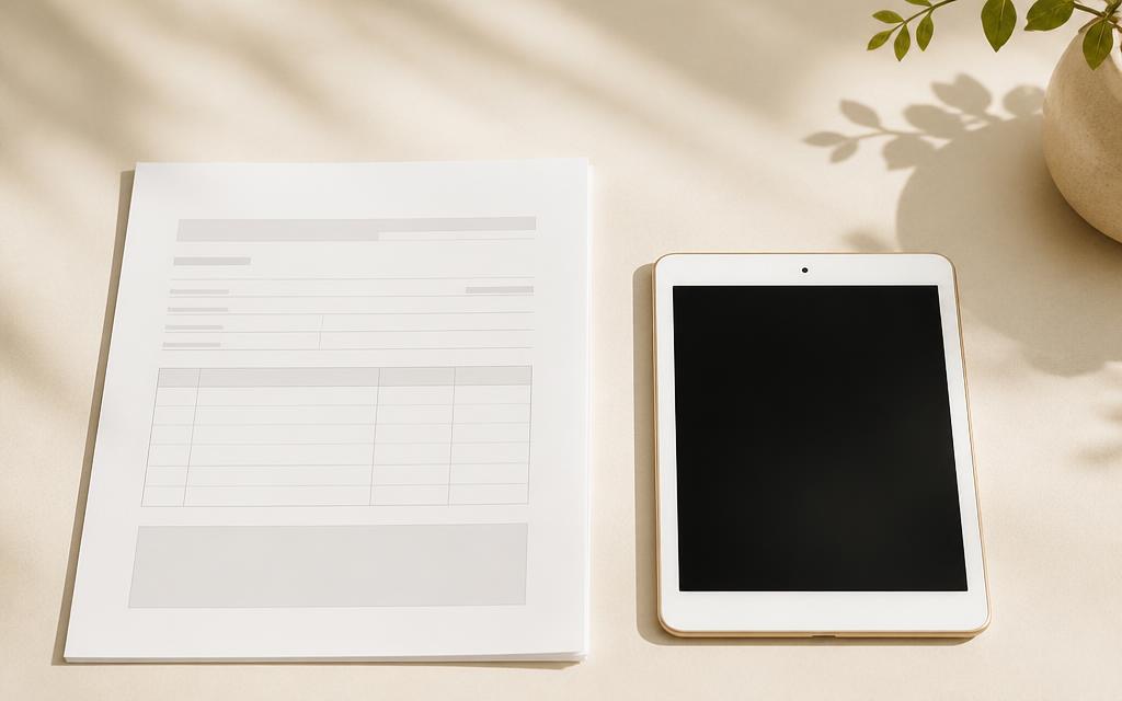 Papirformular ved siden af en tablet på et lyst bord
