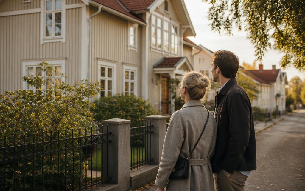 Par betragter et hus til salg fra fortovet