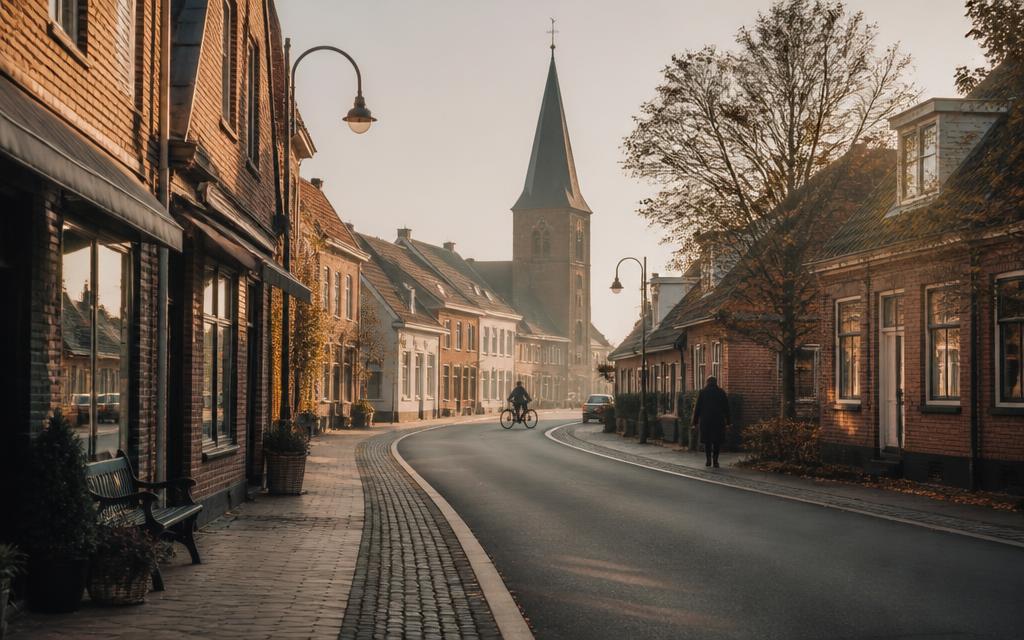 Dansk provinsgade med røde murstenshuse i morgenlys